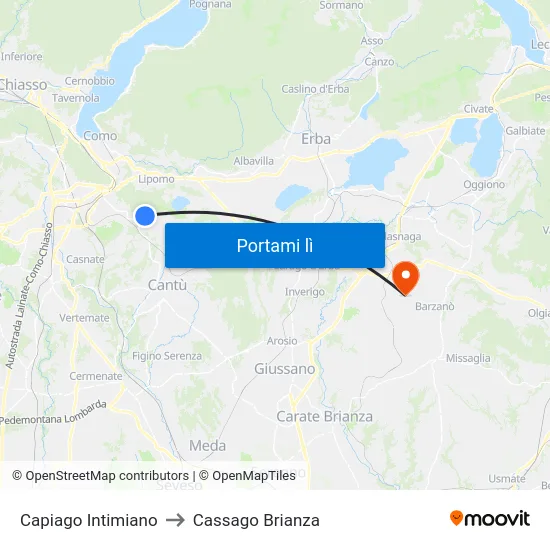 Capiago Intimiano to Cassago Brianza map
