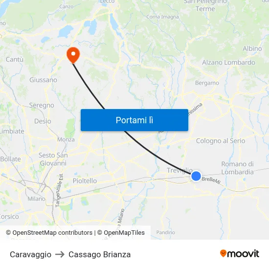 Caravaggio to Cassago Brianza map