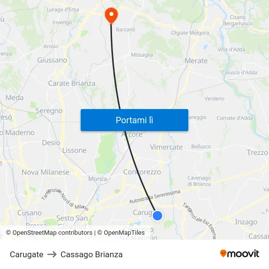 Carugate to Cassago Brianza map