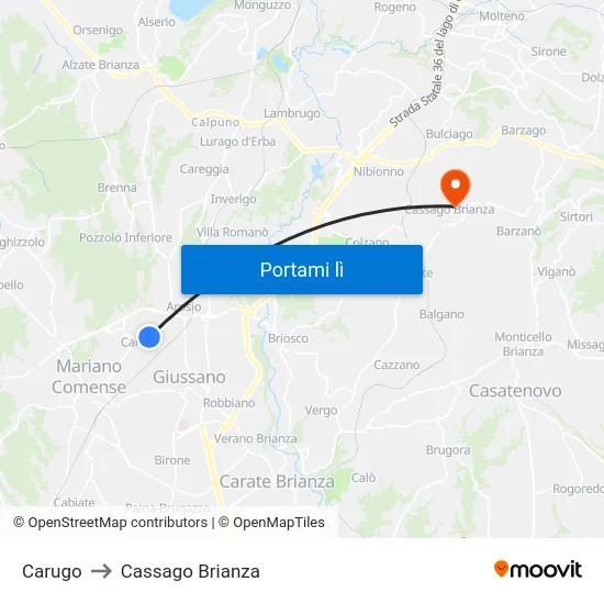 Carugo to Cassago Brianza map