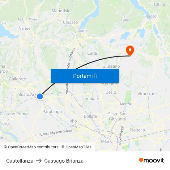 Castellanza to Cassago Brianza map