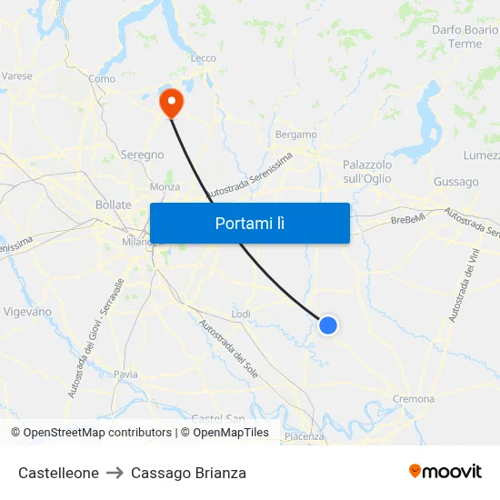 Castelleone to Cassago Brianza map