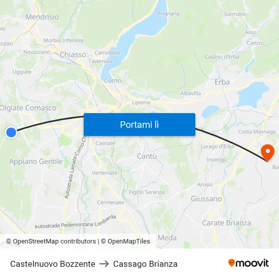 Castelnuovo Bozzente to Cassago Brianza map