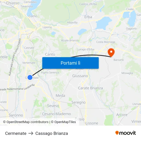 Cermenate to Cassago Brianza map