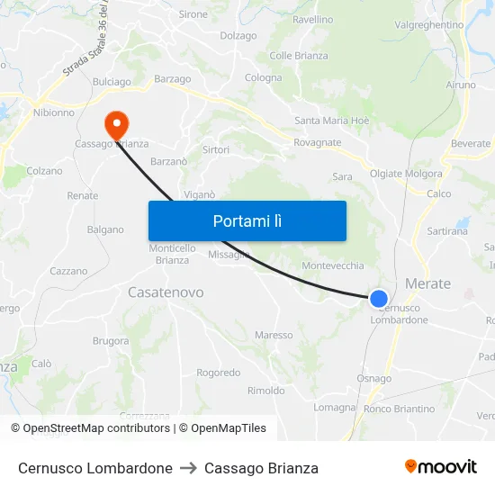 Cernusco Lombardone to Cassago Brianza map