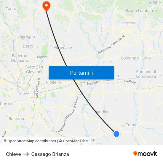 Chieve to Cassago Brianza map