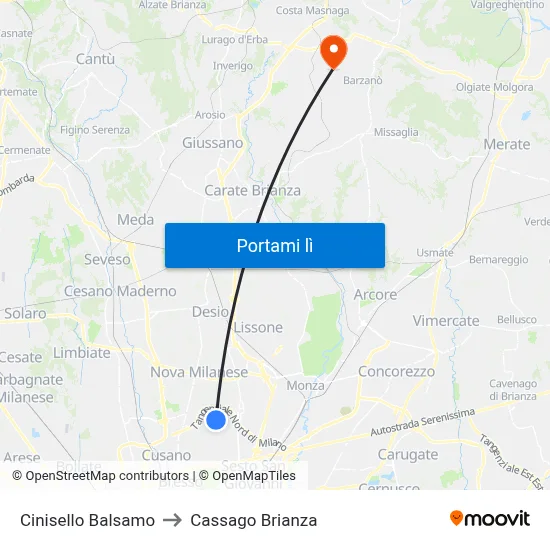 Cinisello Balsamo to Cassago Brianza map