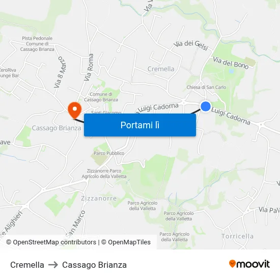 Cremella to Cassago Brianza map