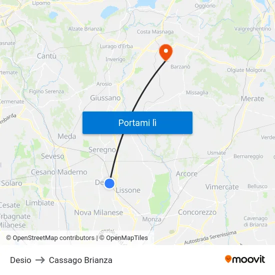 Desio to Cassago Brianza map