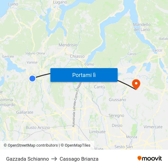 Gazzada Schianno to Cassago Brianza map