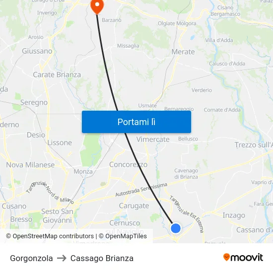 Gorgonzola to Cassago Brianza map