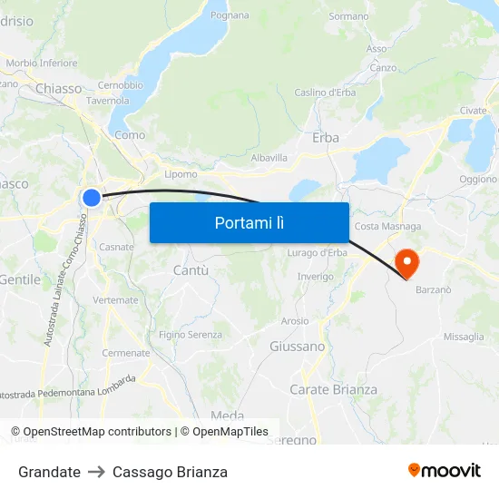 Grandate to Cassago Brianza map
