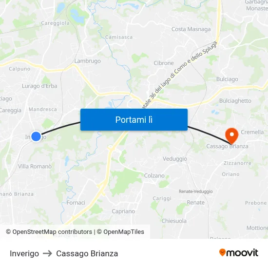 Inverigo to Cassago Brianza map
