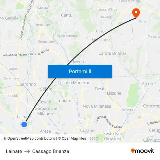 Lainate to Cassago Brianza map