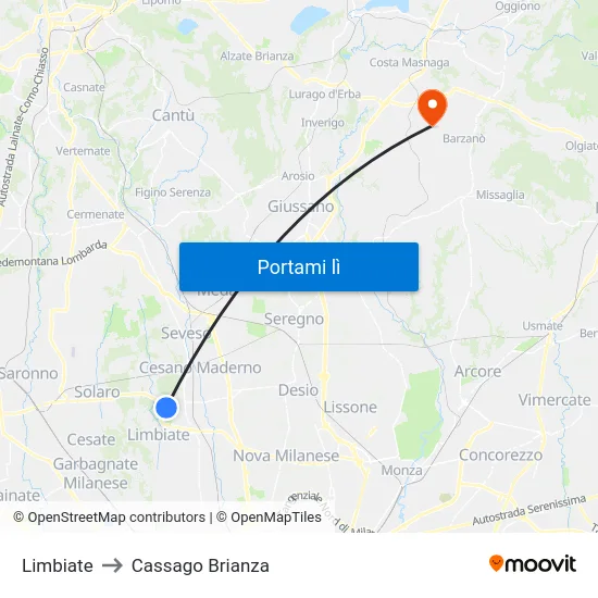 Limbiate to Cassago Brianza map