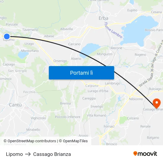 Lipomo to Cassago Brianza map