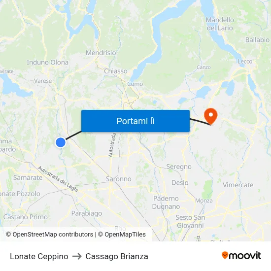 Lonate Ceppino to Cassago Brianza map