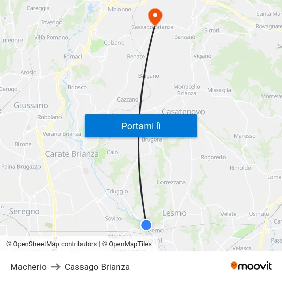 Macherio to Cassago Brianza map