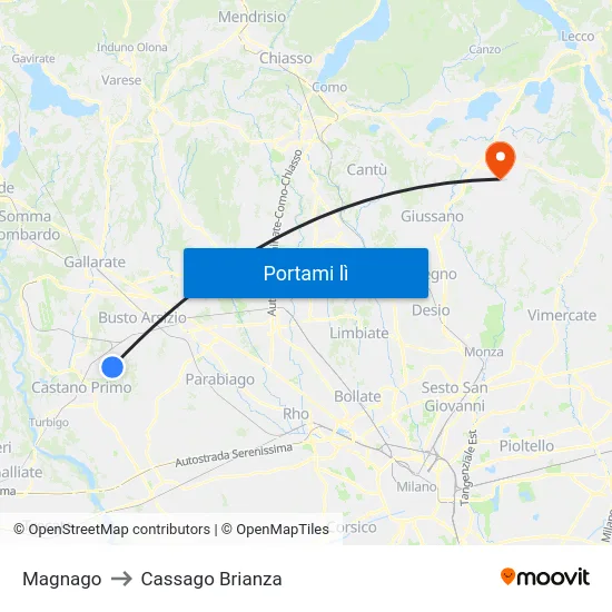 Magnago to Cassago Brianza map