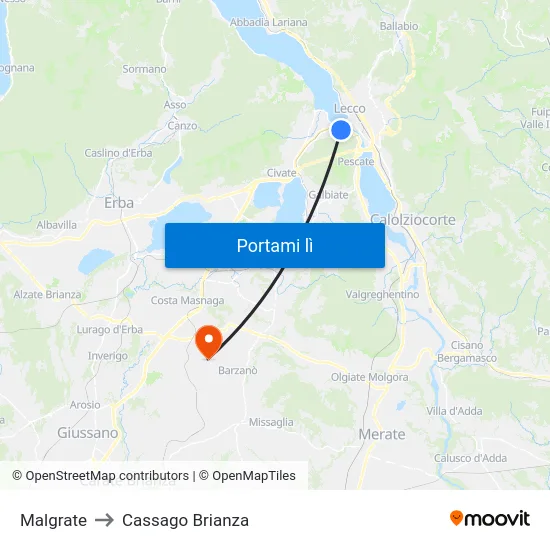 Malgrate to Cassago Brianza map