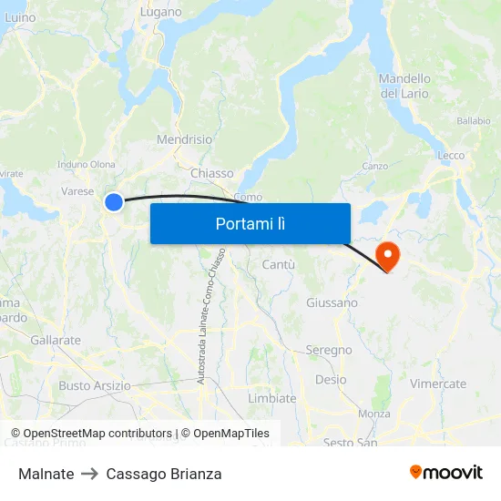 Malnate to Cassago Brianza map