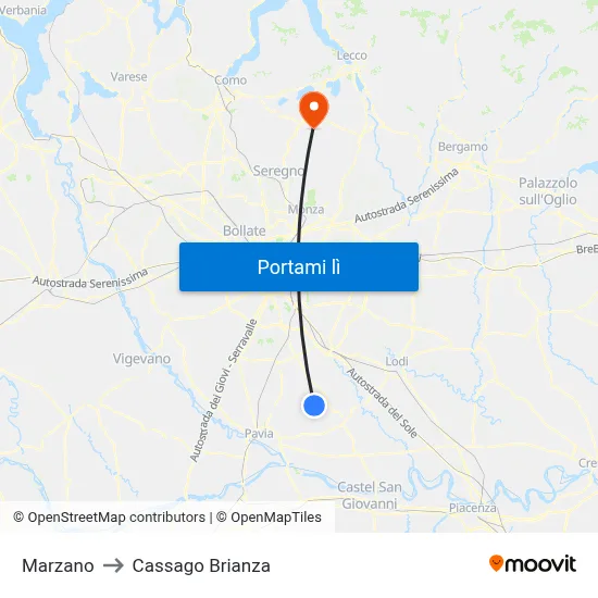 Marzano to Cassago Brianza map