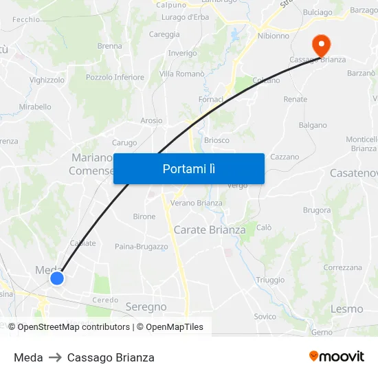 Meda to Cassago Brianza map