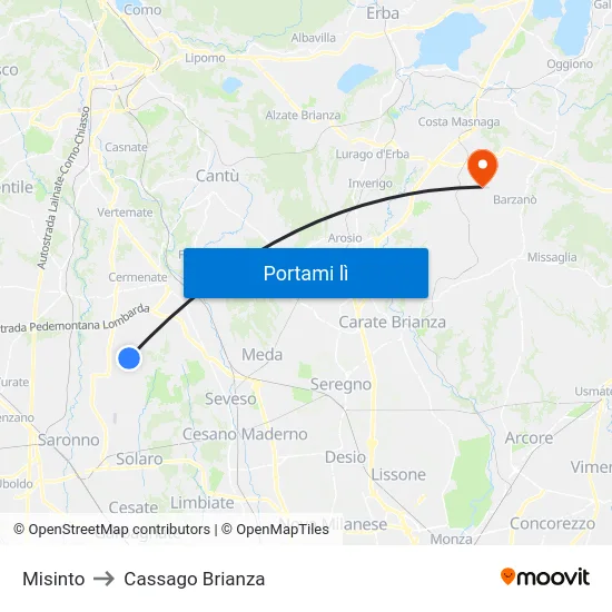 Misinto to Cassago Brianza map