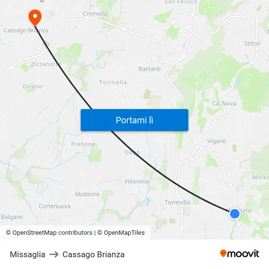 Missaglia to Cassago Brianza map