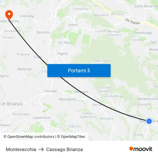 Montevecchia to Cassago Brianza map