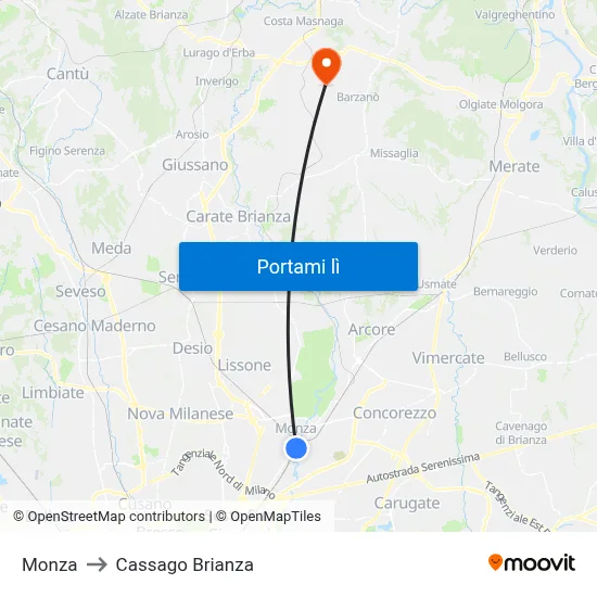 Monza to Cassago Brianza map