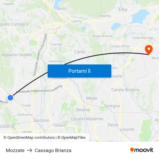 Mozzate to Cassago Brianza map