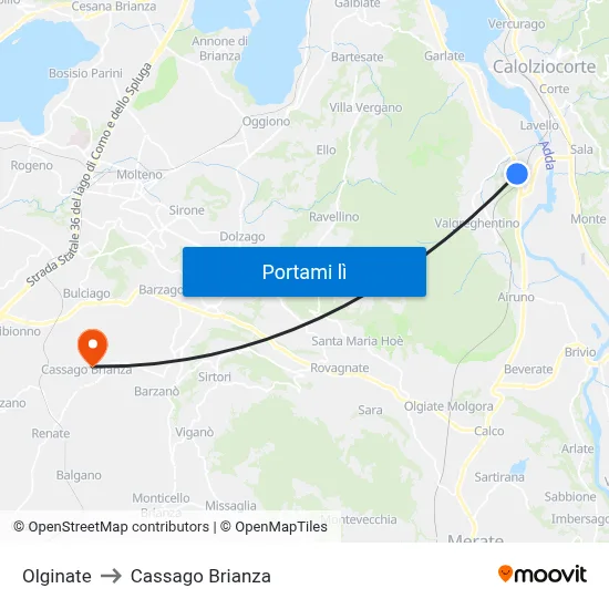 Olginate to Cassago Brianza map