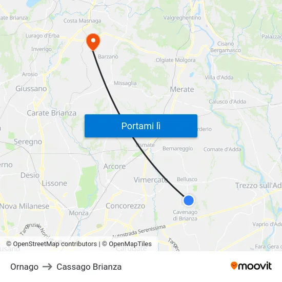 Ornago to Cassago Brianza map