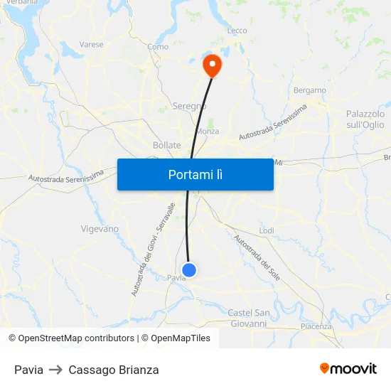 Pavia to Cassago Brianza map