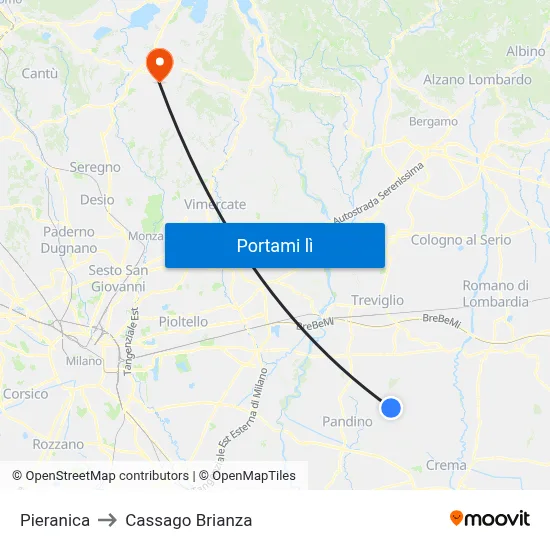 Pieranica to Cassago Brianza map
