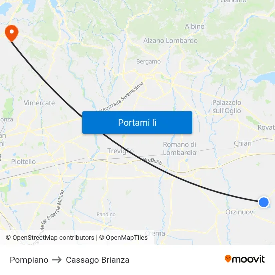 Pompiano to Cassago Brianza map