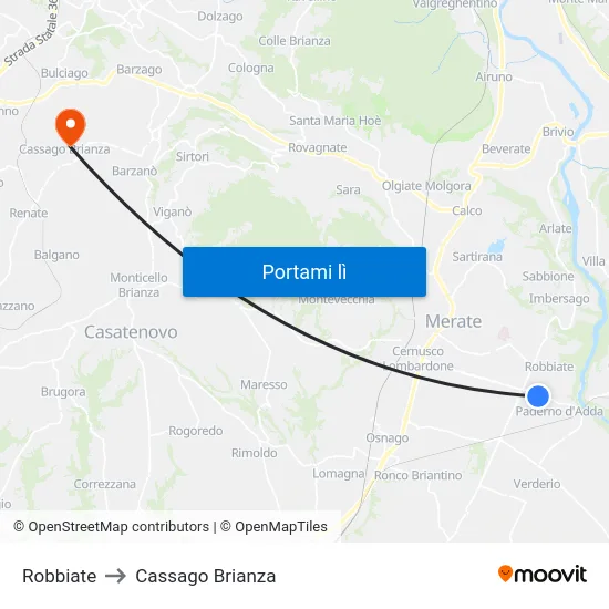 Robbiate to Cassago Brianza map