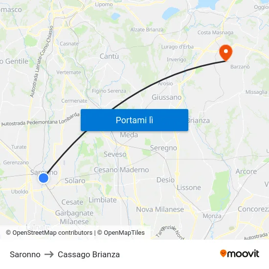 Saronno to Cassago Brianza map