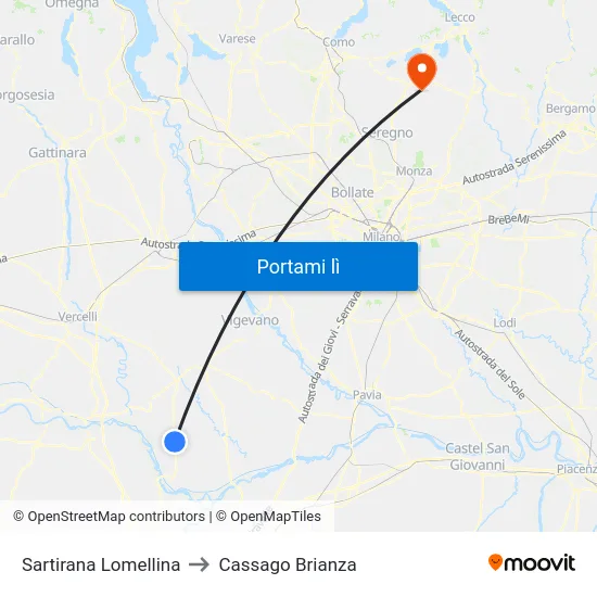 Sartirana Lomellina to Cassago Brianza map