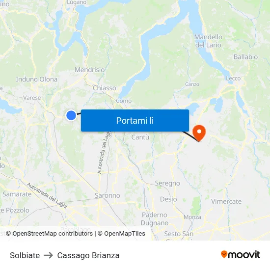 Solbiate to Cassago Brianza map