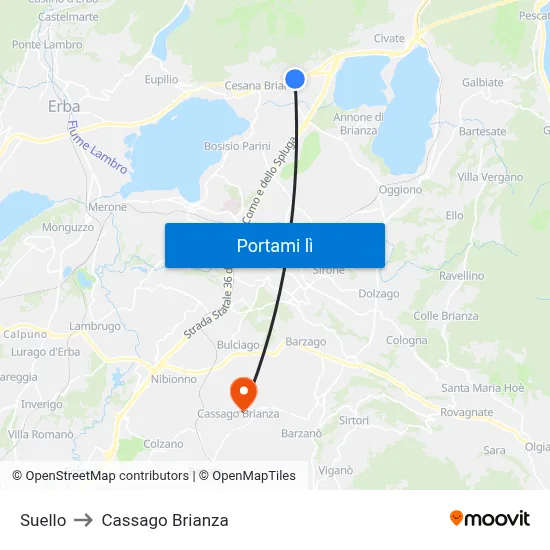 Suello to Cassago Brianza map