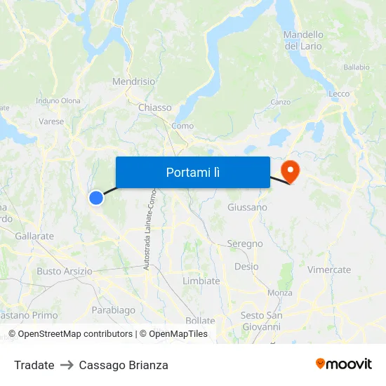 Tradate to Cassago Brianza map