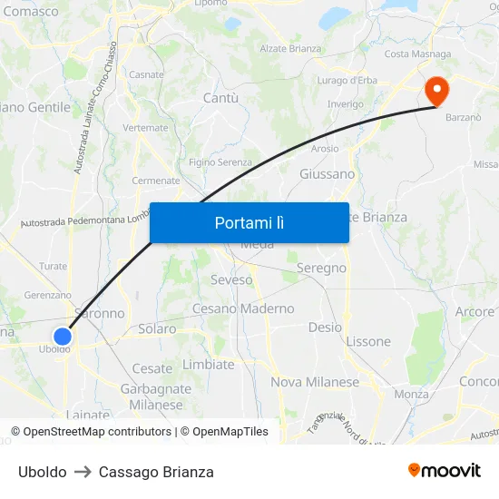 Uboldo to Cassago Brianza map