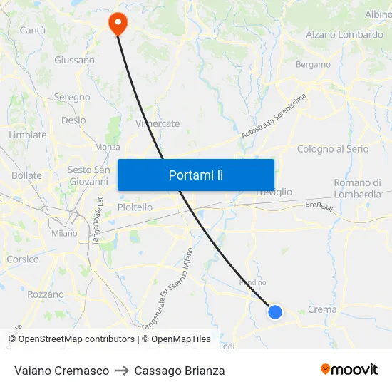 Vaiano Cremasco to Cassago Brianza map