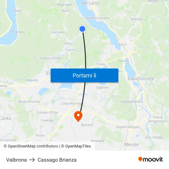 Valbrona to Cassago Brianza map