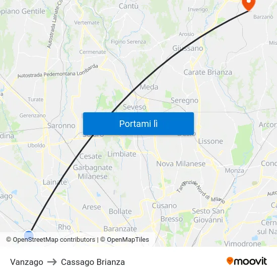 Vanzago to Cassago Brianza map