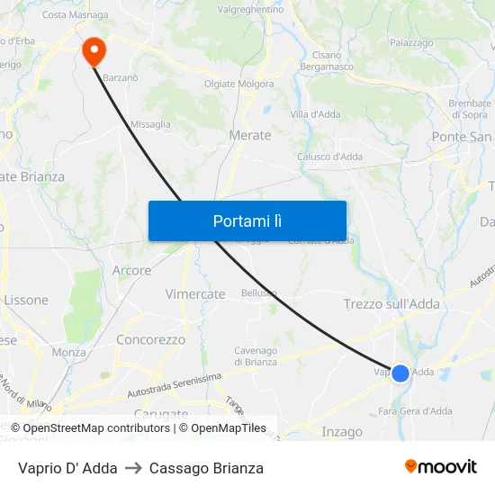 Vaprio D' Adda to Cassago Brianza map