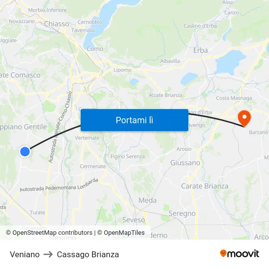Veniano to Cassago Brianza map