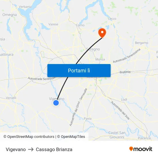 Vigevano to Cassago Brianza map